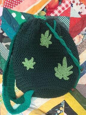 Handmade Green Crochet Bookbag with Herb Leaf Appliqués